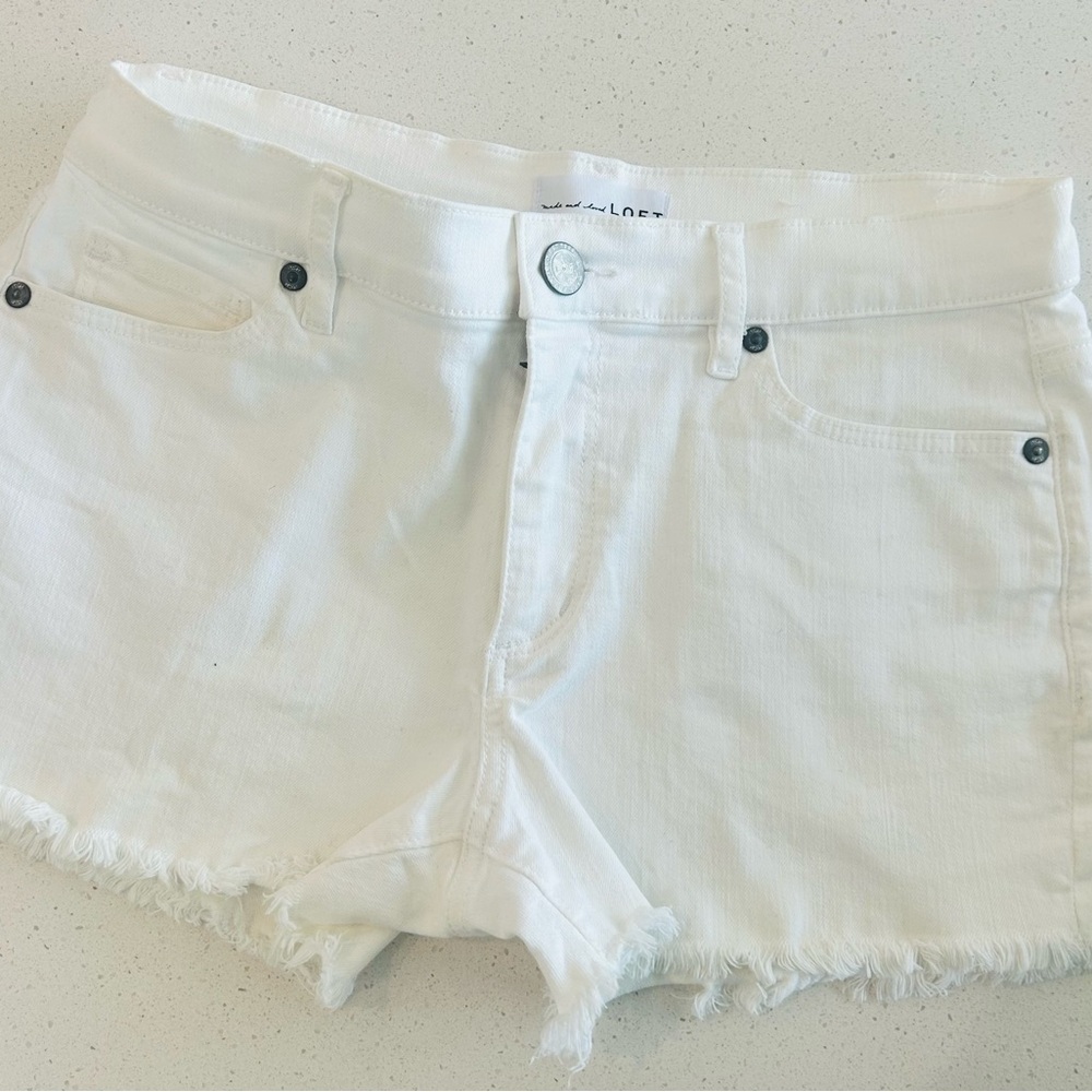 LOFT White Jean Shorts Distressed Frayed Hem